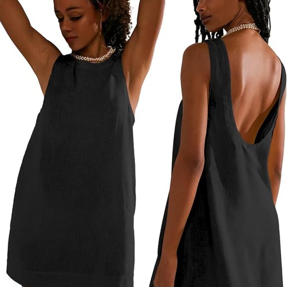 Linen Blend Tank Dress with Pockets - Picture 1 of 5